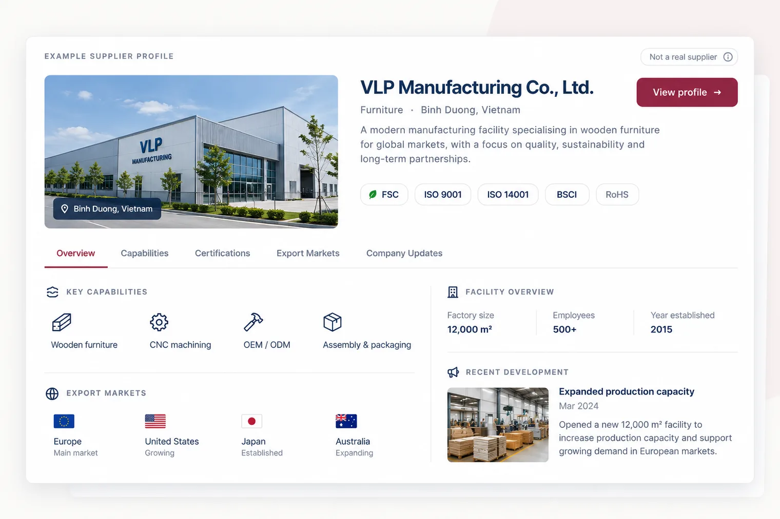 Example SourcingBrief supplier profile